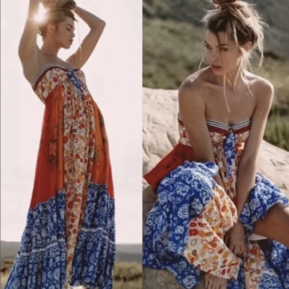 Free People Strapless Maxi Dress in Red, Blue, Cream